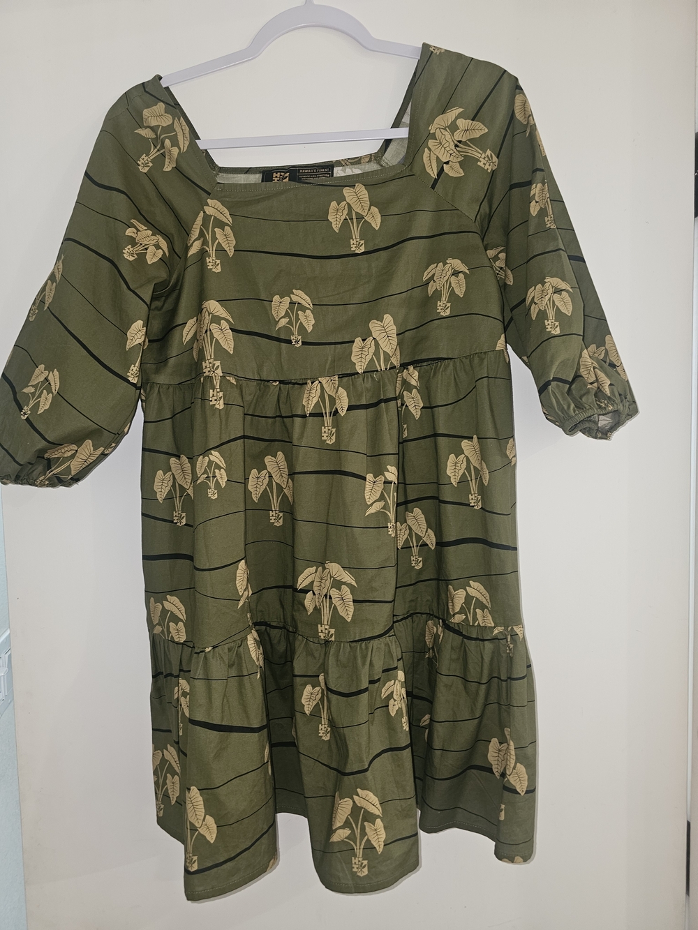 Olive Green Mini Dress with Botanical Print